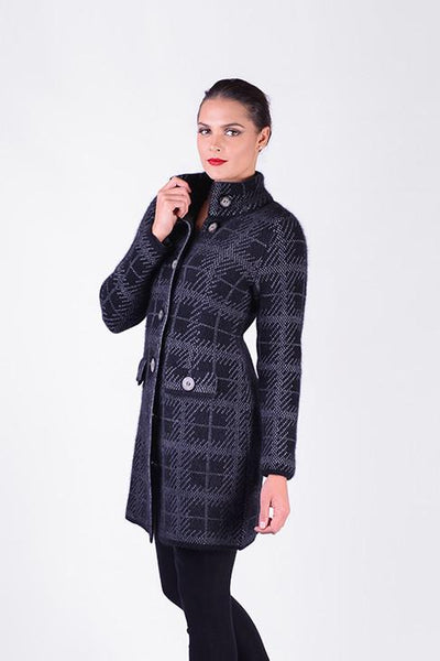 Possum Merino Tartan Longline Coat Black Pewter