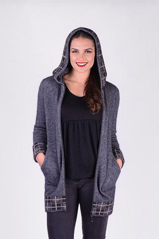 Possum Merino Tartan Jacket with Hood Pewter