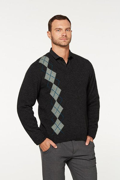 Possum Merino Argyle V Neck Charcoal Teal Mint